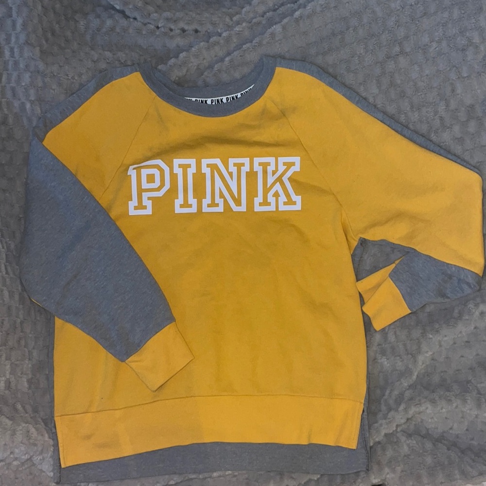 PINK yellow and gray crewneck sweater
